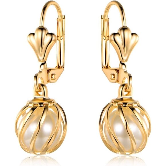 Women Gold Barzel Plated Pearl French Wire Dangling Drop Earrings - Picture 1 of 7
